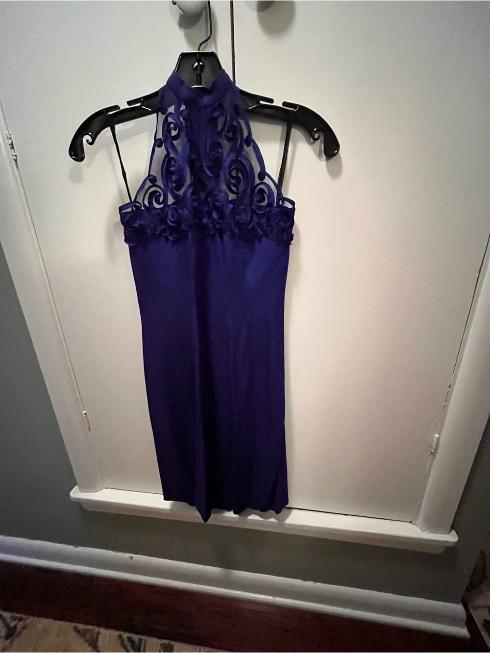 Jessica McClintock Royal Purple Halter Mini Dress with Lace Appliqué
